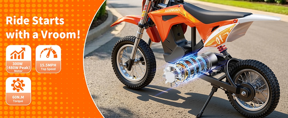 HillMiles MileRocket 1 Elektrická motorka pre deti, 300W motor (480W špičkový), 36V 4Ah batéria, max. rýchlosť 25 km/h, dojazd 20 km, zaťaženie 60 kg, 12"×2.75" pneumatiky, bubnová brzda, predné a zadné odpruženie