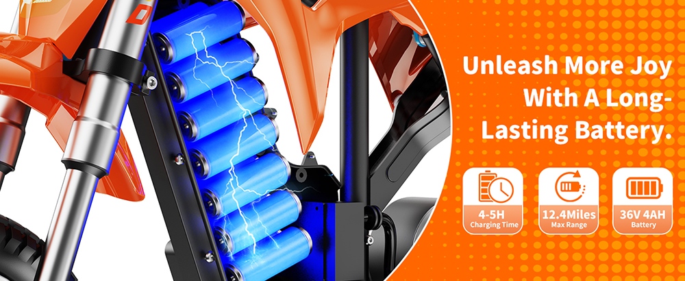 HillMiles MileRocket 1 Elektrická motorka pre deti, 300W motor (480W špičkový), 36V 4Ah batéria, max. rýchlosť 25 km/h, dojazd 20 km, zaťaženie 60 kg, 12"×2.75" pneumatiky, bubnová brzda, predné a zadné odpruženie