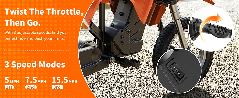 HillMiles MileRocket 1 Elektrická motorka pre deti, 300W motor (480W špičkový), 36V 4Ah batéria, max. rýchlosť 25 km/h, dojazd 20 km, zaťaženie 60 kg, 12"×2.75" pneumatiky, bubnová brzda, predné a zadné odpruženie