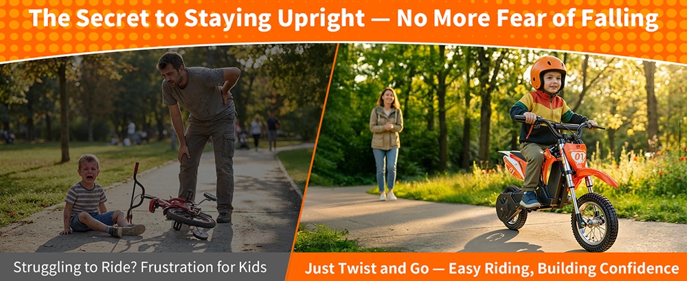 HillMiles MileRocket 1 Elektrická motorka pre deti, 300W motor (480W špičkový), 36V 4Ah batéria, max. rýchlosť 25 km/h, dojazd 20 km, zaťaženie 60 kg, 12"×2.75" pneumatiky, bubnová brzda, predné a zadné odpruženie