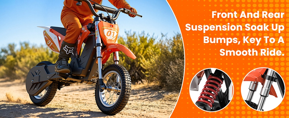 HillMiles MileRocket 1 Elektrická motorka pre deti, 300W motor (480W špičkový), 36V 4Ah batéria, max. rýchlosť 25 km/h, dojazd 20 km, zaťaženie 60 kg, 12"×2.75" pneumatiky, bubnová brzda, predné a zadné odpruženie