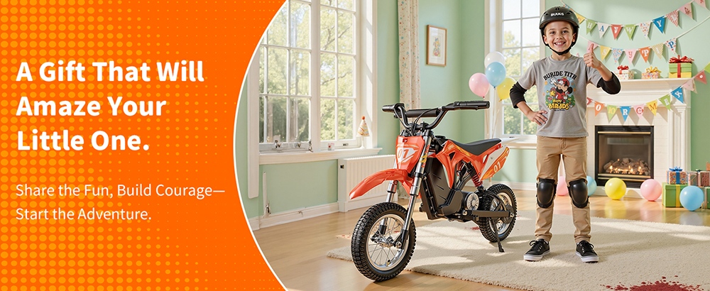 HillMiles MileRocket 1 Elektrická motorka pre deti, 300W motor (480W špičkový), 36V 4Ah batéria, max. rýchlosť 25 km/h, dojazd 20 km, zaťaženie 60 kg, 12"×2.75" pneumatiky, bubnová brzda, predné a zadné odpruženie