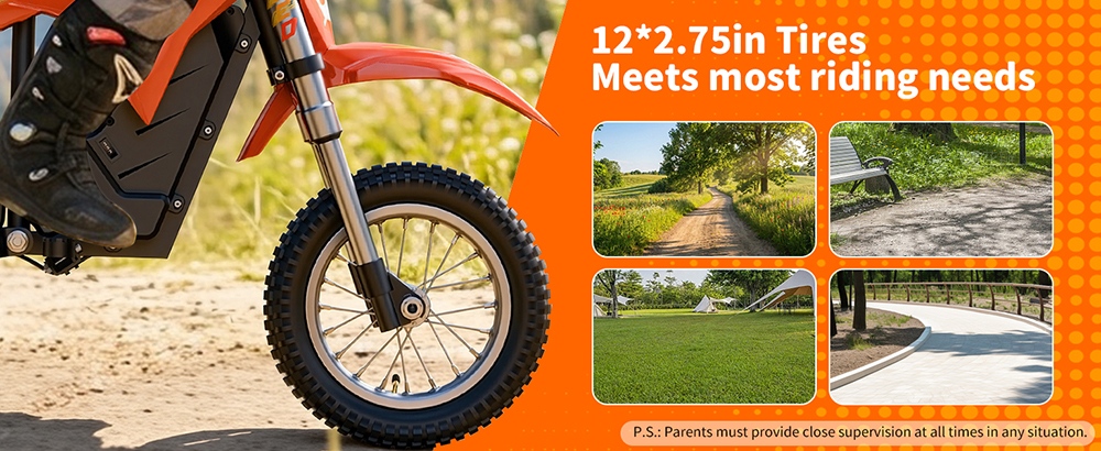 HillMiles MileRocket 1 Elektrická motorka pre deti, 300W motor (480W špičkový), 36V 4Ah batéria, max. rýchlosť 25 km/h, dojazd 20 km, zaťaženie 60 kg, 12"×2.75" pneumatiky, bubnová brzda, predné a zadné odpruženie