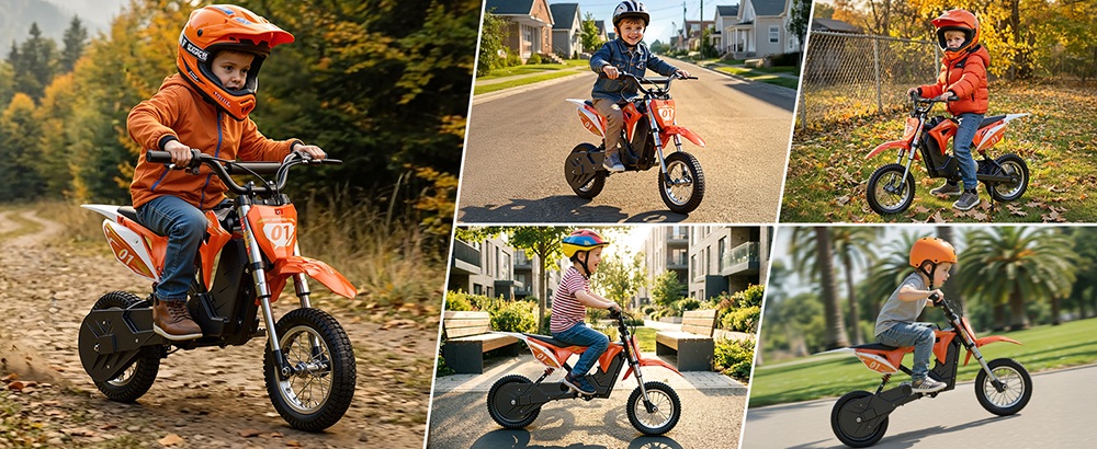 HillMiles MileRocket 1 Elektrická motorka pre deti, 300W motor (480W špičkový), 36V 4Ah batéria, max. rýchlosť 25 km/h, dojazd 20 km, zaťaženie 60 kg, 12"×2.75" pneumatiky, bubnová brzda, predné a zadné odpruženie