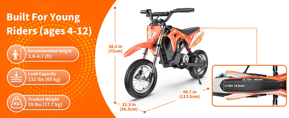 HillMiles MileRocket 1 Elektrická motorka pre deti, 300W motor (480W špičkový), 36V 4Ah batéria, max. rýchlosť 25 km/h, dojazd 20 km, zaťaženie 60 kg, pneumatiky 12"×2,75", bubnová brzda, predné a zadné odpruženie