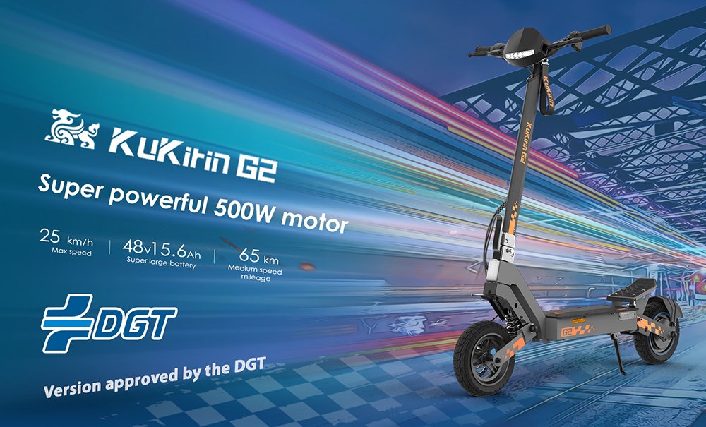 KuKirin G2 Electric Scooter, 500W Motor, 48V 15.6Ah batéria, max. rýchlosť 25 km/h, dojazd 65 km, 10-palcové bezdušové pneumatiky, dvojkotúčové brzdy, stúpanie 20&deg;, vodotesnosť IPX4, max. zaťaženie 120 kg