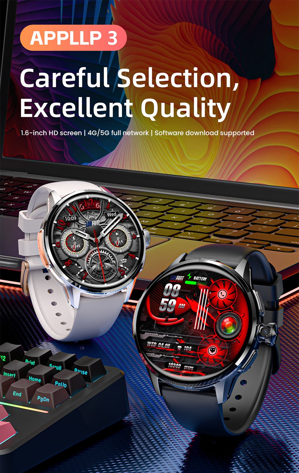 LOKMAT APPLLP 3 Smart Watch, 1.6-inch AMOLED HD Display, SIM Card Support, 3GB+32GB Memory, GPS & WiFi Connectivity, Android Smart Watch, Health Monitoring & Fitness Tracker - Black