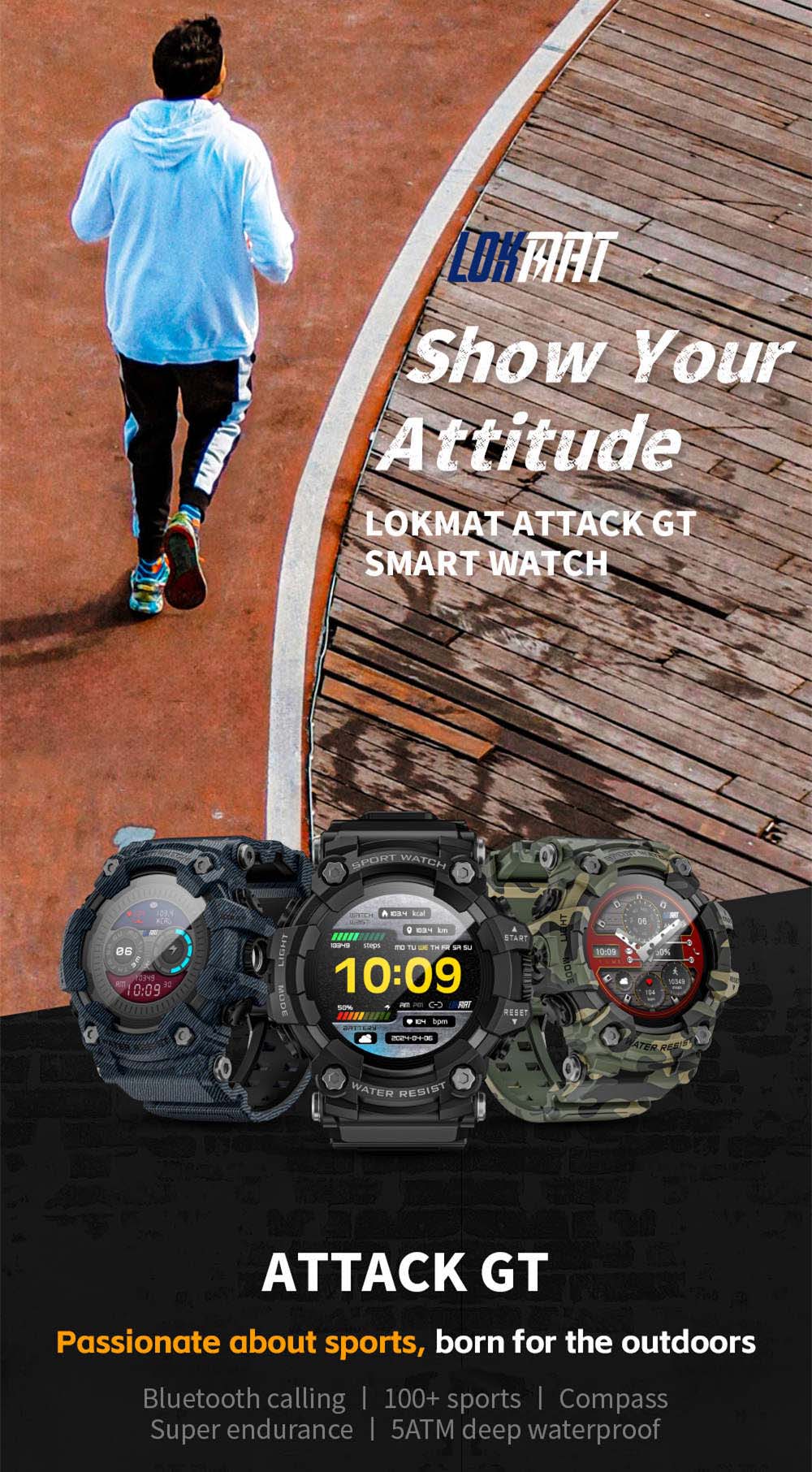 LOKMAT ATTACK GT Smartwatch, 1,32-Zoll-HD-Touchdisplay (360 &times; 360 Pixel), wasserdicht nach IP68, robustes Outdoor-Design, &uuml;ber 100 Sportmodi, Bluetooth-Anrufe, Herzfrequenz- und Schlaf&uuml;berwachung, 15 Tage Akkulaufzeit &ndash; Schwarz