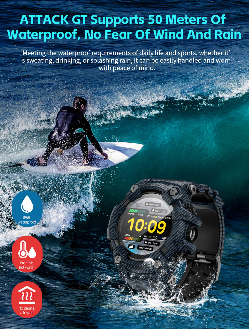 LOKMAT ATTACK GT Smart Watch, 1.32-inch HD Full-Touch Display 360&times;360, IP68 Waterproof Rugged Outdoor Design, 100+ Sports Modes, Bluetooth Calling, Heart Rate & Sleep Monitoring, 15-Day Battery Life -  Black