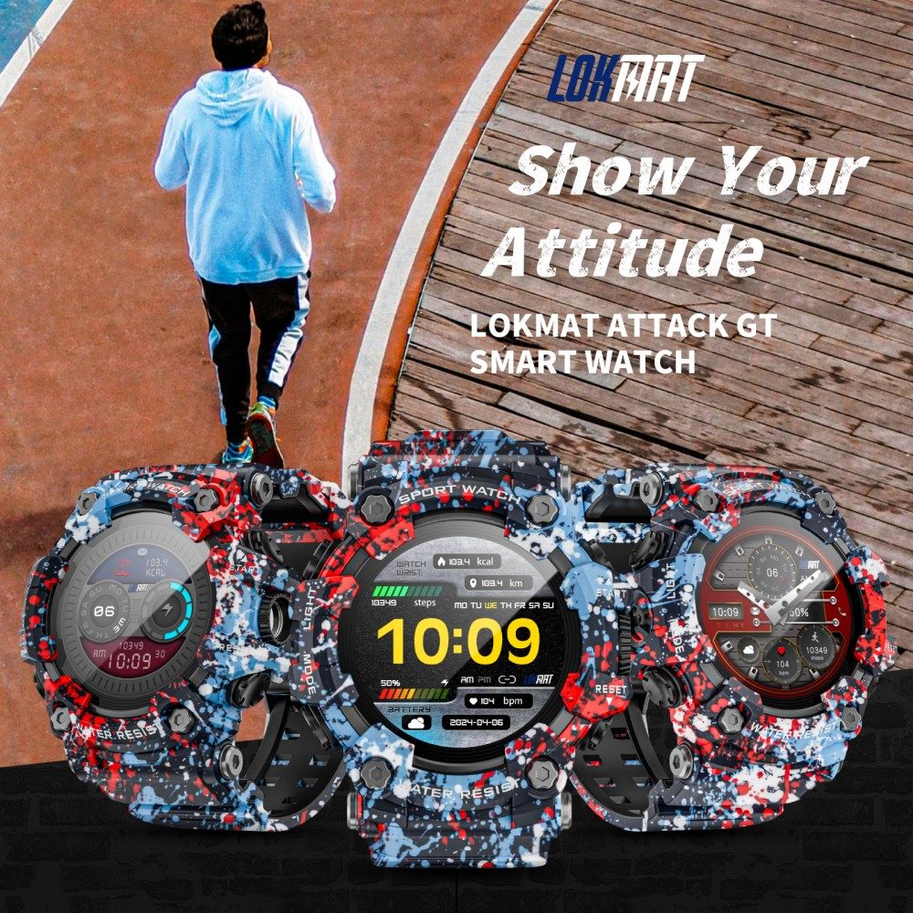 Montre connect&eacute;e LOKMAT ATTACK GT, &eacute;cran tactile HD 1,32 pouce (360 x 360 pixels), &eacute;tanche IP68, conception robuste pour l'ext&eacute;rieur, plus de 100 modes sportifs, appels Bluetooth, suivi de la fr&eacute;quence cardiaque et du sommeil, autonomie de 15 jours - Bleu floral
