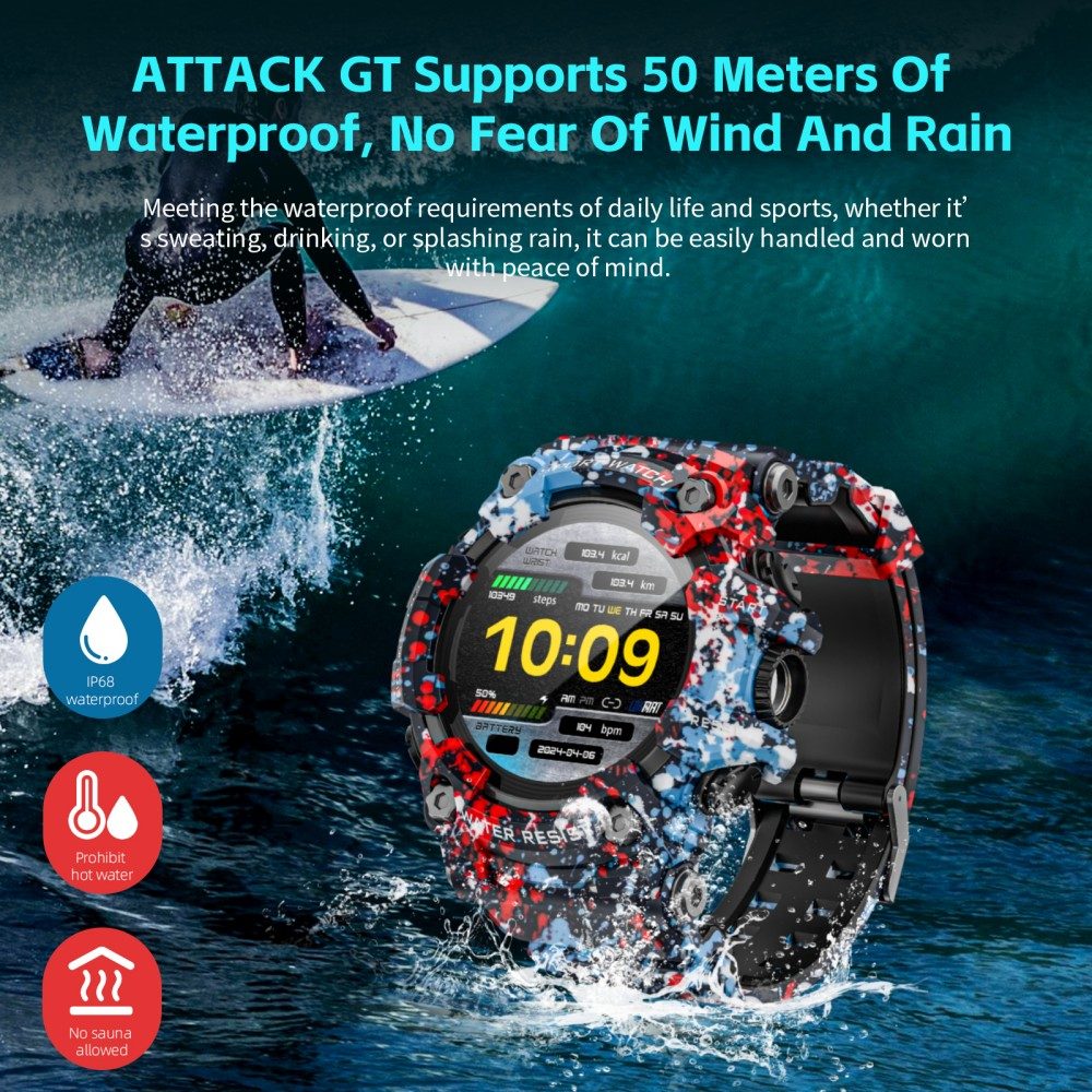 LOKMAT ATTACK GT Smart Watch, 1.32-inch HD Full-Touch Display 360&times;360, IP68 Waterproof Rugged Outdoor Design, 100+ Sports Modes, Bluetooth Calling, Heart Rate & Sleep Monitoring, 15-Day Battery Life - Floral Blue
