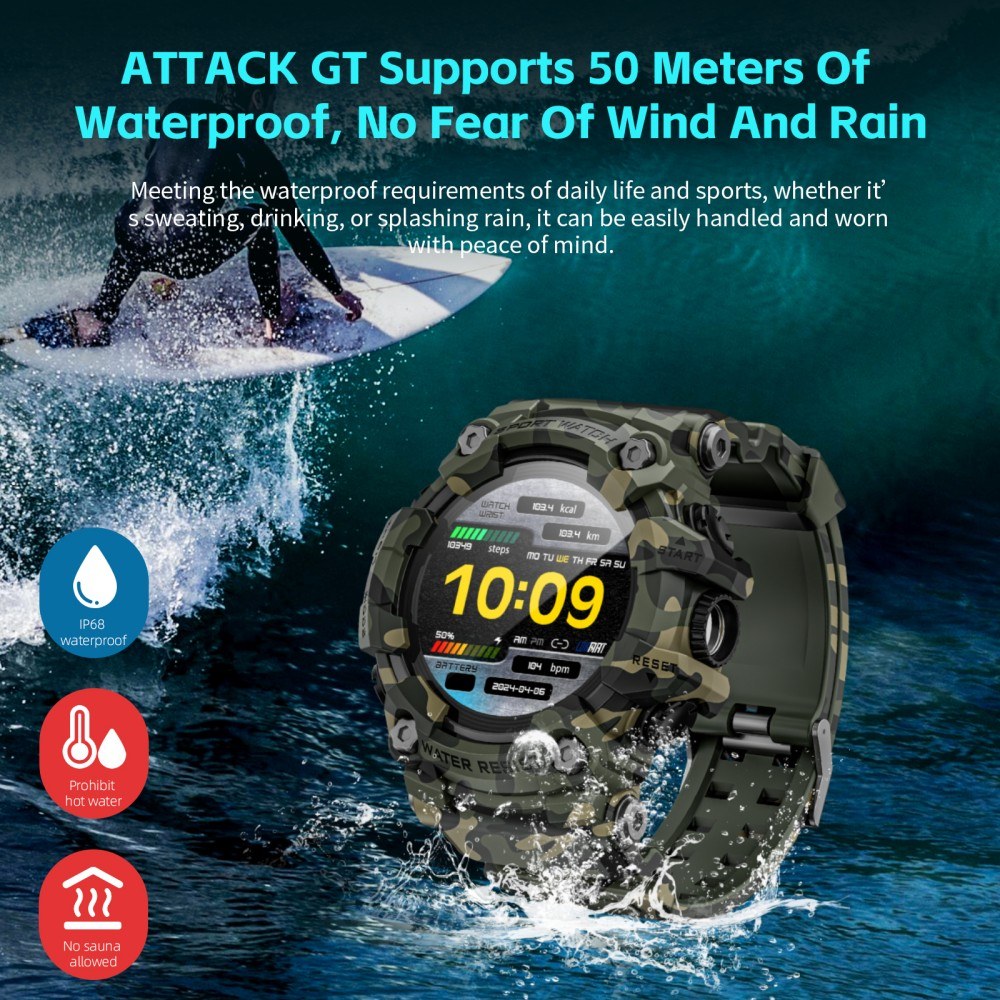 LOKMAT ATTACK GT Smartwatch, 1,32-Zoll-HD-Touchdisplay (360 x 360 Pixel), wasserdicht nach IP68, robustes Outdoor-Design, &uuml;ber 100 Sportmodi, Bluetooth-Anrufe, Herzfrequenz- und Schlaf&uuml;berwachung, 15 Tage Akkulaufzeit &ndash; Milit&auml;rgr&uuml;n