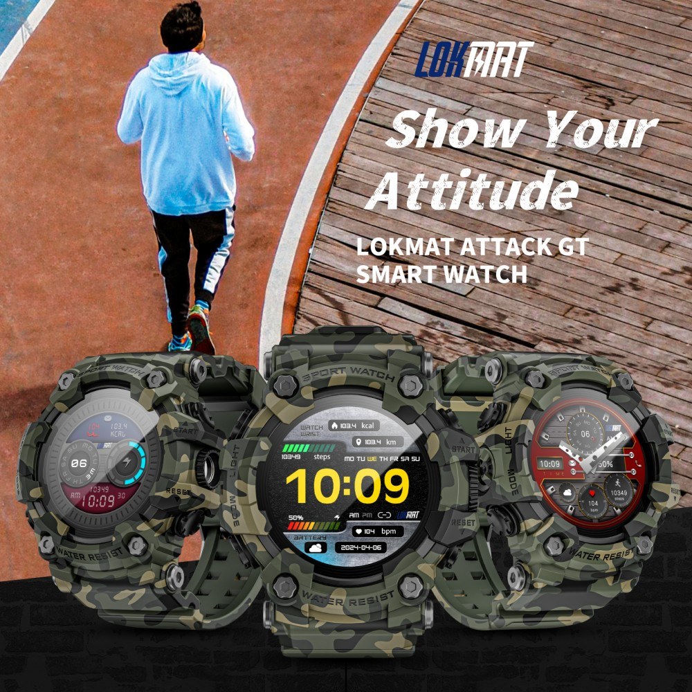 LOKMAT ATTACK GT Smart Watch, 1.32-inch HD Full-Touch Display 360×360, IP68 Waterproof Rugged Outdoor Design, 100+ Sports Modes, Bluetooth Calling, Heart Rate & Sleep Monitoring, 15-Day Battery Life -  Military Green