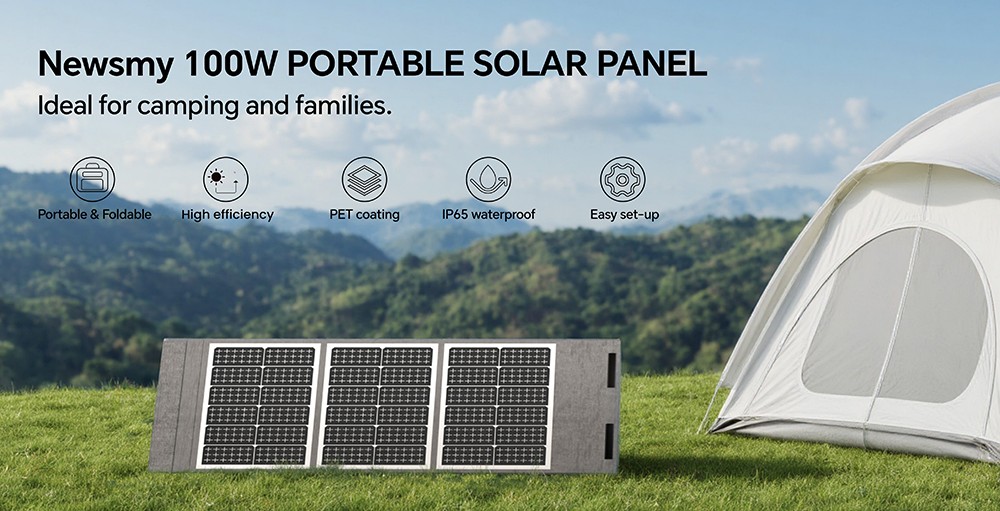 NEWSMY 100W Tragbares Solarpanel, 24,3 % hocheffiziente BC-Zellen, IP65 wasserdicht, MC4/XT60/DC-Ausgang, faltbar, 4 Aufstellf&uuml;&szlig;e, f&uuml;r Camping, Wohnmobile und Notstromversorgung, kompatibel mit Powerstations
