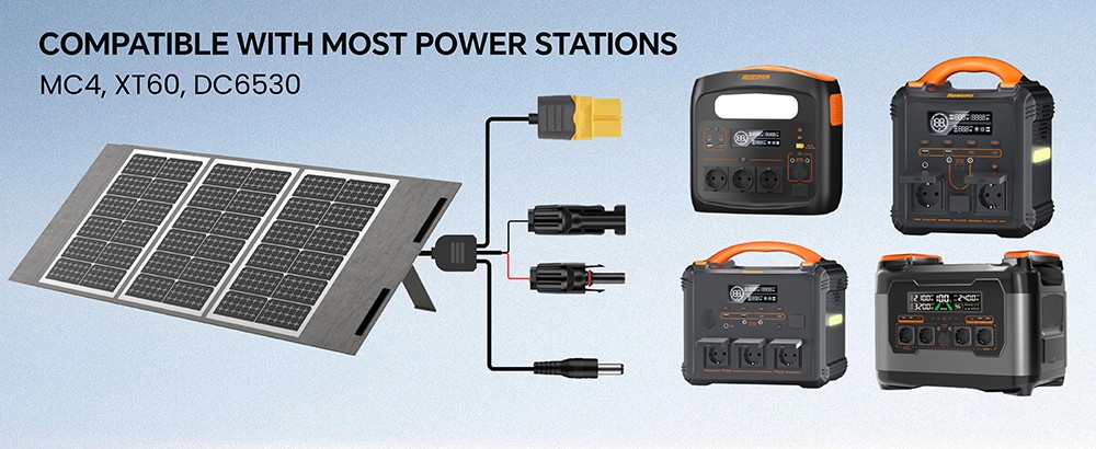 NEWSMY 100W Tragbares Solarpanel, 24,3 % hocheffiziente BC-Zellen, IP65 wasserdicht, MC4/XT60/DC-Ausgang, faltbar, 4 Aufstellf&uuml;&szlig;e, f&uuml;r Camping, Wohnmobile und Notstromversorgung, kompatibel mit Powerstations