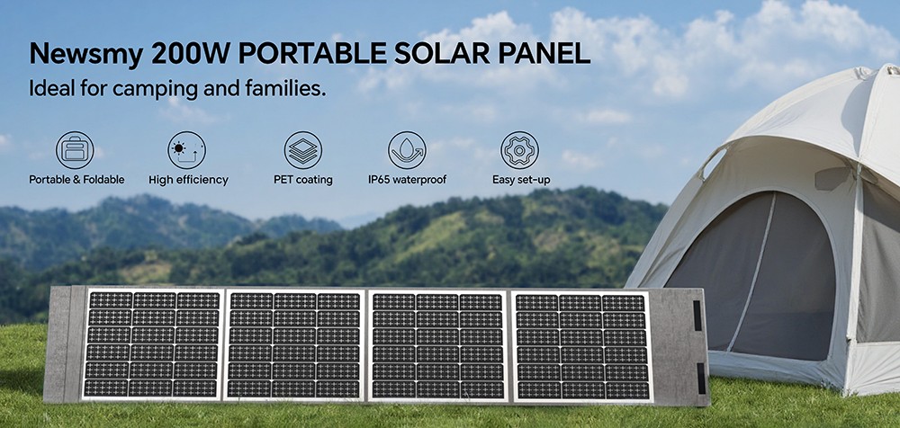 NEWSMY 200W Tragbares Solarpanel, 24,3 % hocheffiziente BC-Zellen, IP65 wasserdicht, MC4/XT60/DC-Ausgang, faltbar, 4 Aufstellf&uuml;&szlig;e, f&uuml;r Camping, Wohnmobil und Notstromversorgung, kompatibel mit Powerstations