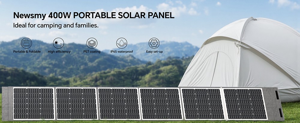 NEWSMY 400W Tragbares Solarpanel, 24,3 % hocheffiziente BC-Zellen, IP65 wasserdicht, MC4/XT60/DC-Ausgang, faltbar, 6 Aufstellf&uuml;&szlig;e, f&uuml;r Camping, Wohnmobile und Notstromversorgung, kompatibel mit Powerstations