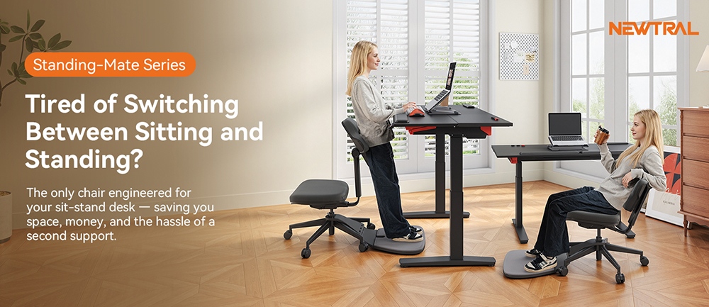 NEWTRAL MT-M Standing-Mate Ergonomická stojaca stolička, adaptívne sedenie 5 v 1, 167&deg; sklápacie operadlo, nastaviteľná výška sedadla 46-57 cm, hĺbka sedadla 38-44 cm, dizajn bez podrúčok, plne nastaviteľná ergonómia, nosnosť 150 kg - tmavosivá