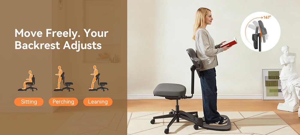 NEWTRAL MT-M Standing-Mate Ergonomická stojaca stolička, adaptívne sedenie 5 v 1, 167&deg; sklápacie operadlo, nastaviteľná výška sedadla 46-57 cm, hĺbka sedadla 38-44 cm, dizajn bez podrúčok, plne nastaviteľná ergonómia, nosnosť 150 kg - tmavosivá