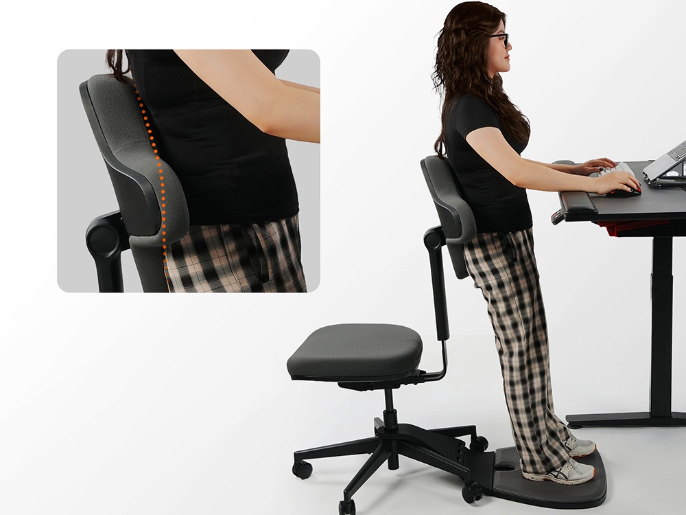NEWTRAL MT-M Standing-Mate Ergonomická stojaca stolička, adaptívne sedenie 5 v 1, 167&deg; sklápacie operadlo, nastaviteľná výška sedadla 46-57 cm, hĺbka sedadla 38-44 cm, dizajn bez podrúčok, plne nastaviteľná ergonómia, nosnosť 150 kg - tmavosivá