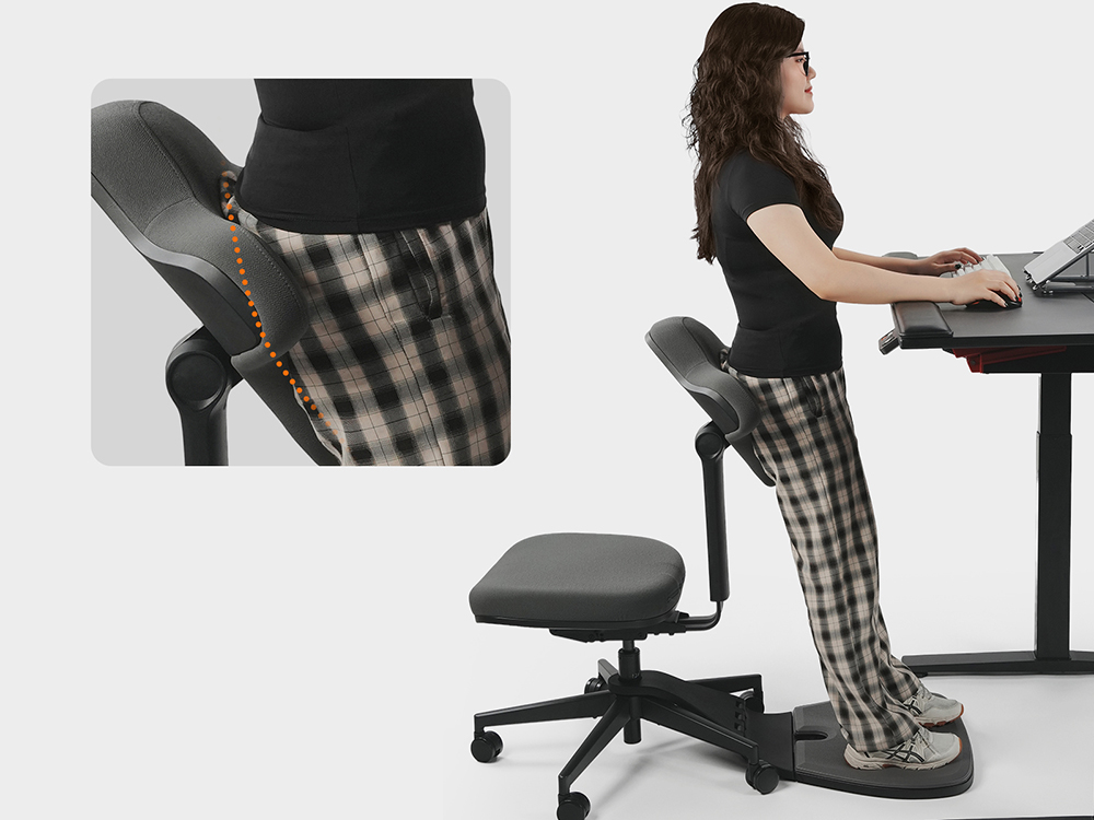 NEWTRAL MT-M Standing-Mate Ergonomická stojaca stolička, adaptívne sedenie 5 v 1, 167&deg; sklápacie operadlo, nastaviteľná výška sedadla 46-57 cm, hĺbka sedadla 38-44 cm, dizajn bez podrúčok, plne nastaviteľná ergonómia, nosnosť 150 kg - tmavosivá