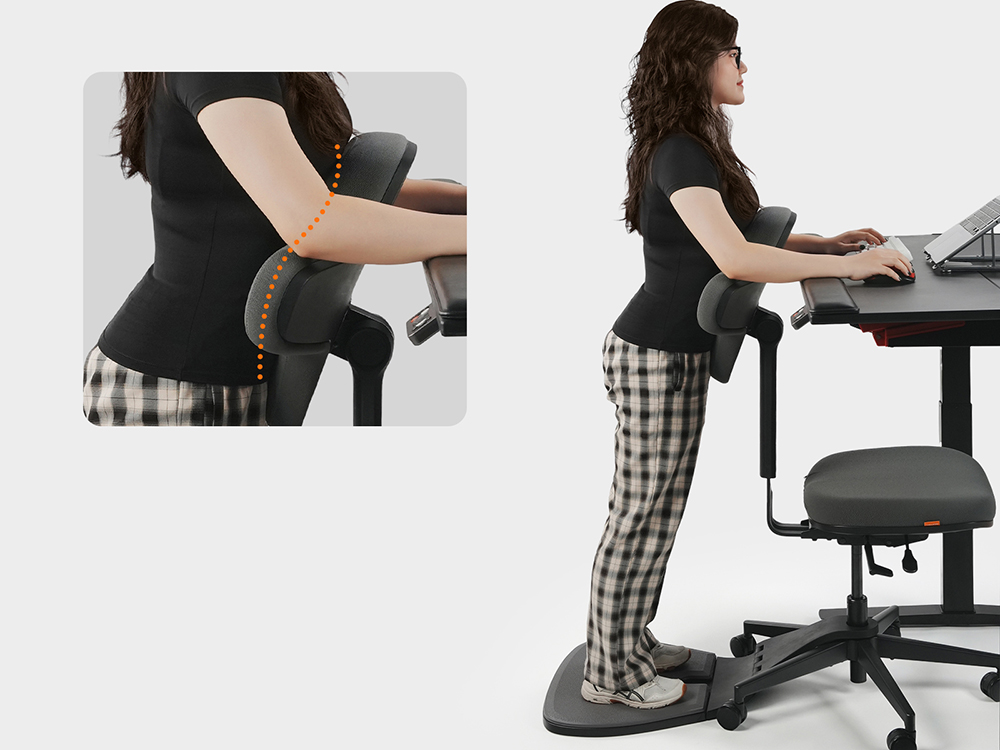 NEWTRAL MT-M Standing-Mate Ergonomická stojaca stolička, adaptívne sedenie 5 v 1, 167&deg; sklápacie operadlo, nastaviteľná výška sedadla 46-57 cm, hĺbka sedadla 38-44 cm, dizajn bez podrúčok, plne nastaviteľná ergonómia, nosnosť 150 kg - tmavosivá