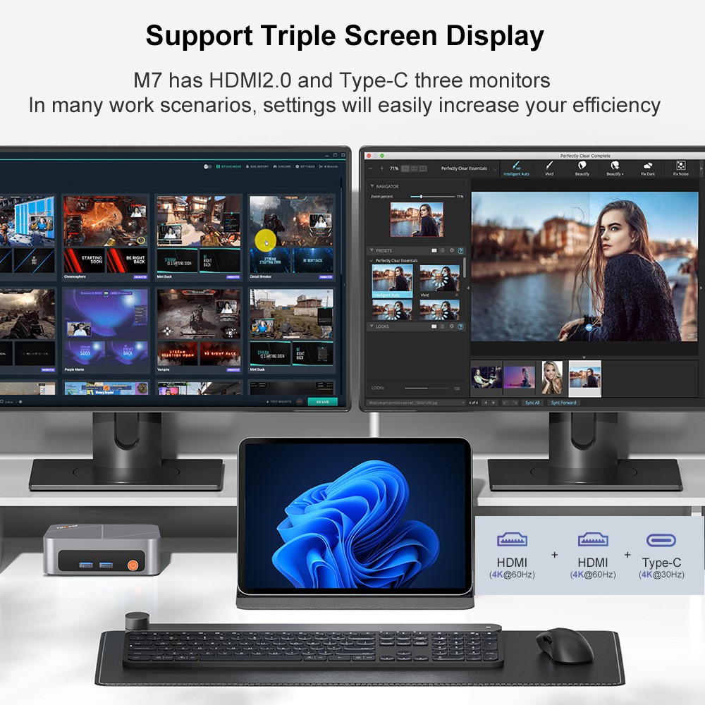 Ninkear M7 Mini-PC, Intel Core i7-1185G7 (4 Kerne, max. 4,8 GHz), 16 GB RAM, 512 GB SSD, Dual-HDMI-4K-Display + USB-C, WLAN 6, Bluetooth 5.2, 2 x USB 3.0, 2 x USB 2.0, 1 x RJ45, 1 x Audioanschluss, VESA-Halterung