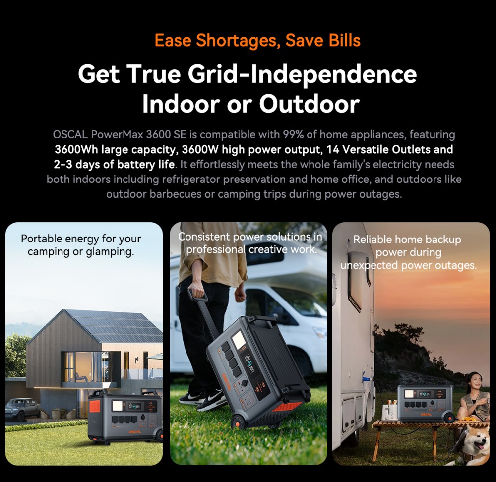 Oscal PowerMax 3600SE Portable Power Station, 3600Wh LiFePO4 Battery, 3600W Pure Sine Wave Output, 4500W Surge, 6 LED Light Modes, USB-C 100W, App Control, Fast Recharge, Solar Generator for Home Backup, RV, Camping - EU Plug