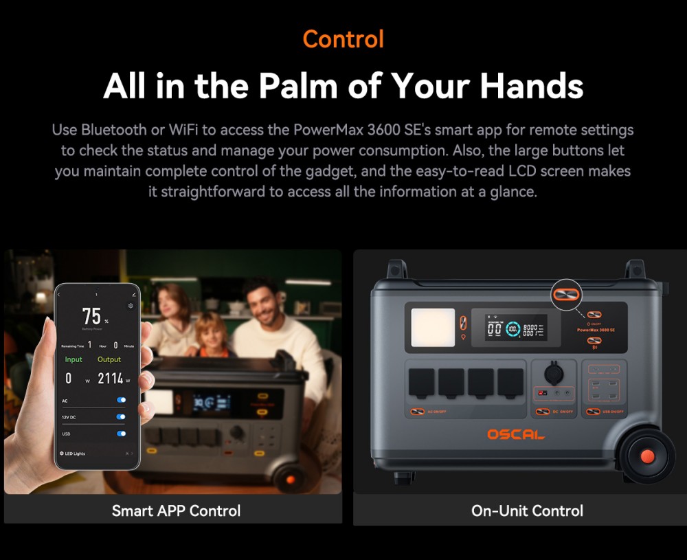 Oscal PowerMax 3600SE Portable Power Station, 3600Wh LiFePO4 Battery, 3600W Pure Sine Wave Output, 4500W Surge, 6 LED Light Modes, USB-C 100W, App Control, Fast Recharge, Solar Generator for Home Backup, RV, Camping - EU Plug