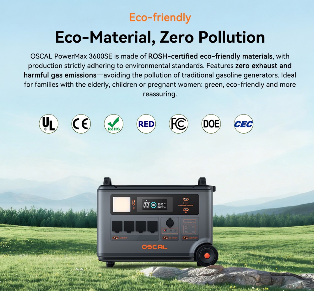 Oscal PowerMax 3600SE Portable Power Station, 3600Wh LiFePO4 Battery, 3600W Pure Sine Wave Output, 4500W Surge, 6 LED Light Modes, USB-C 100W, App Control, Fast Recharge, Solar Generator for Home Backup, RV, Camping - EU Plug