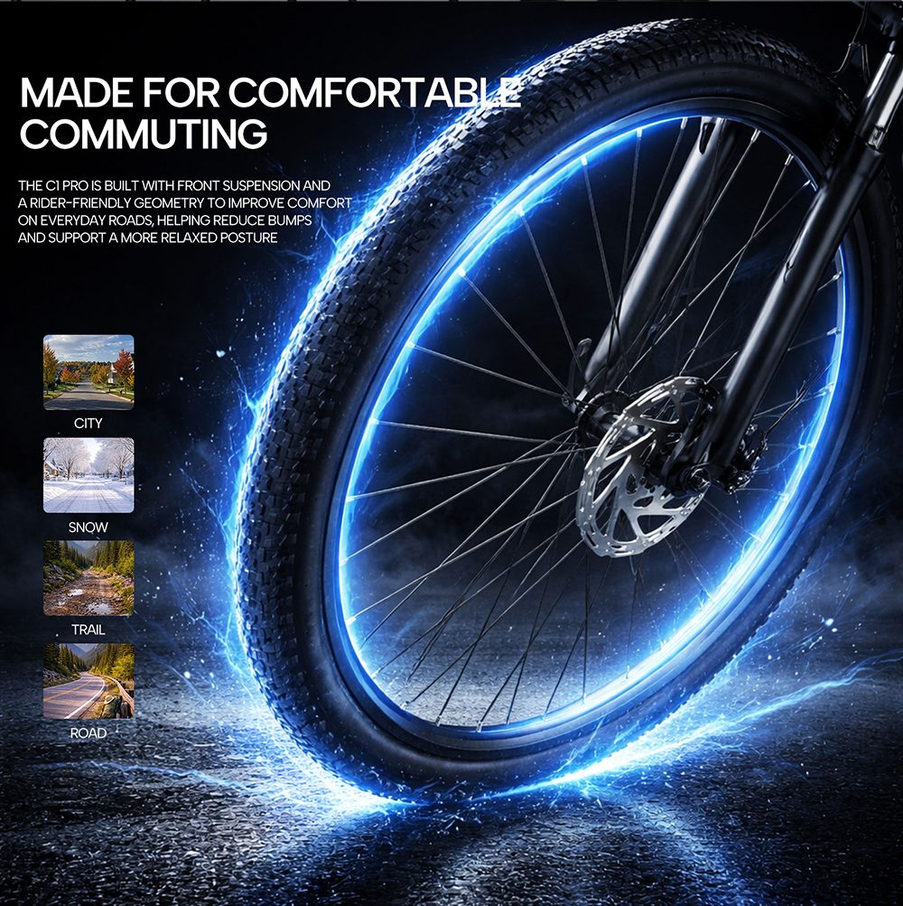 PIXAR C1 PRO Electric Commuter Bike, 250W bezkefový motor, 36V 18Ah batéria, dojazd 80&ndash;100km, max. rýchlosť 25km/h, Shimano 7 rýchlostí, hydraulické kotúčové brzdy, stupňovitý rám, predné odpruženie, LCD displej, mestský elektrobicykel s košíkom - čierny