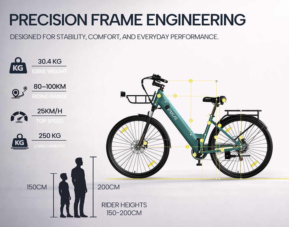 PIXAR C1 PRO Electric Commuter Bike, 250W bezkefový motor, 36V 18Ah batéria, dojazd 80&ndash;100km, max. rýchlosť 25km/h, Shimano 7 rýchlostí, hydraulické kotúčové brzdy, stupňovitý rám, predné odpruženie, LCD displej, mestský elektrobicykel s košíkom - čierny