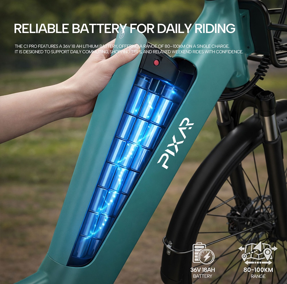 PIXAR C1 PRO Electric Commuter Bike, 250W Brushless Motor, 36V 18Ah Battery, 80&ndash;100km Range, 25km/h Max Speed, Shimano 7-Speed, Hydraulic Disc Brakes, Step-Thru Frame, Front Suspension, LCD Display, City E-Bike with Basket - Green