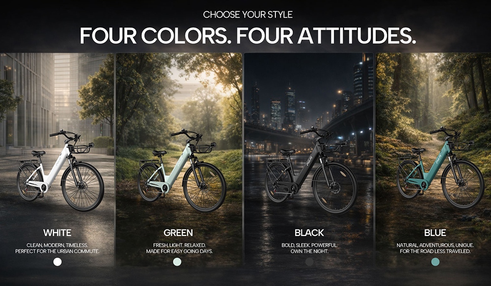 PIXAR C1 PRO Electric Commuter Bike, 250W Brushless Motor, 36V 18Ah Battery, 80&ndash;100km Range, 25km/h Max Speed, Shimano 7-Speed, Hydraulic Disc Brakes, Step-Thru Frame, Front Suspension, LCD Display, City E-Bike with Basket - Green