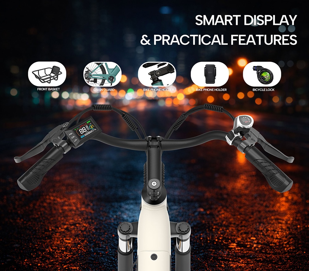 PIXAR C1 PRO Electric Commuter Bike, 250W Brushless Motor, 36V 18Ah Battery, 80&ndash;100km Range, 25km/h Max Speed, Shimano 7-Speed, Hydraulic Disc Brakes, Step-Thru Frame, Front Suspension, LCD Display, City E-Bike with Basket - White