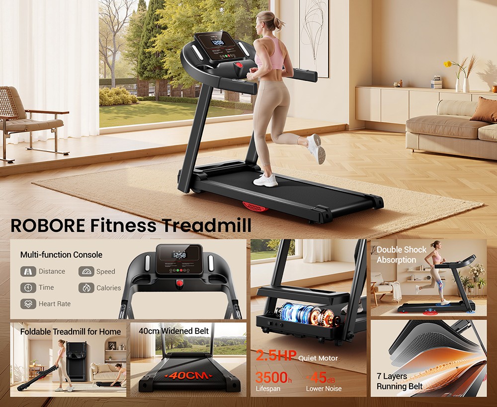 ROBORE P9 Treadmill with Handle, 2.5HP Brushless Motor, 1-12 km/h Speed, 120kg Max Load, 102×38cm Running Belt, LED Display, Heart Rate Monitor, Shock Absorbing Belt, Foldable Compact Home Treadmill