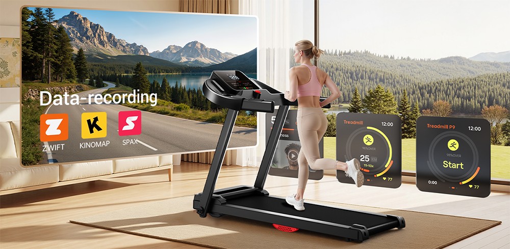 ROBORE P9 Treadmill with Handle, 2.5HP Brushless Motor, 1-12 km/h Speed, 120kg Max Load, 102×38cm Running Belt, LED Display, Heart Rate Monitor, Shock Absorbing Belt, Foldable Compact Home Treadmill