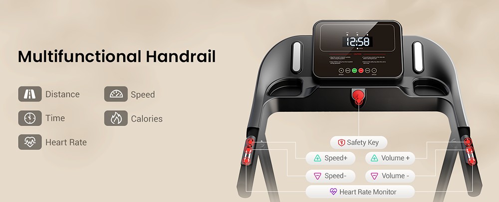 ROBORE P9 Treadmill with Handle, 2.5HP Brushless Motor, 1-12 km/h Speed, 120kg Max Load, 102×38cm Running Belt, LED Display, Heart Rate Monitor, Shock Absorbing Belt, Foldable Compact Home Treadmill