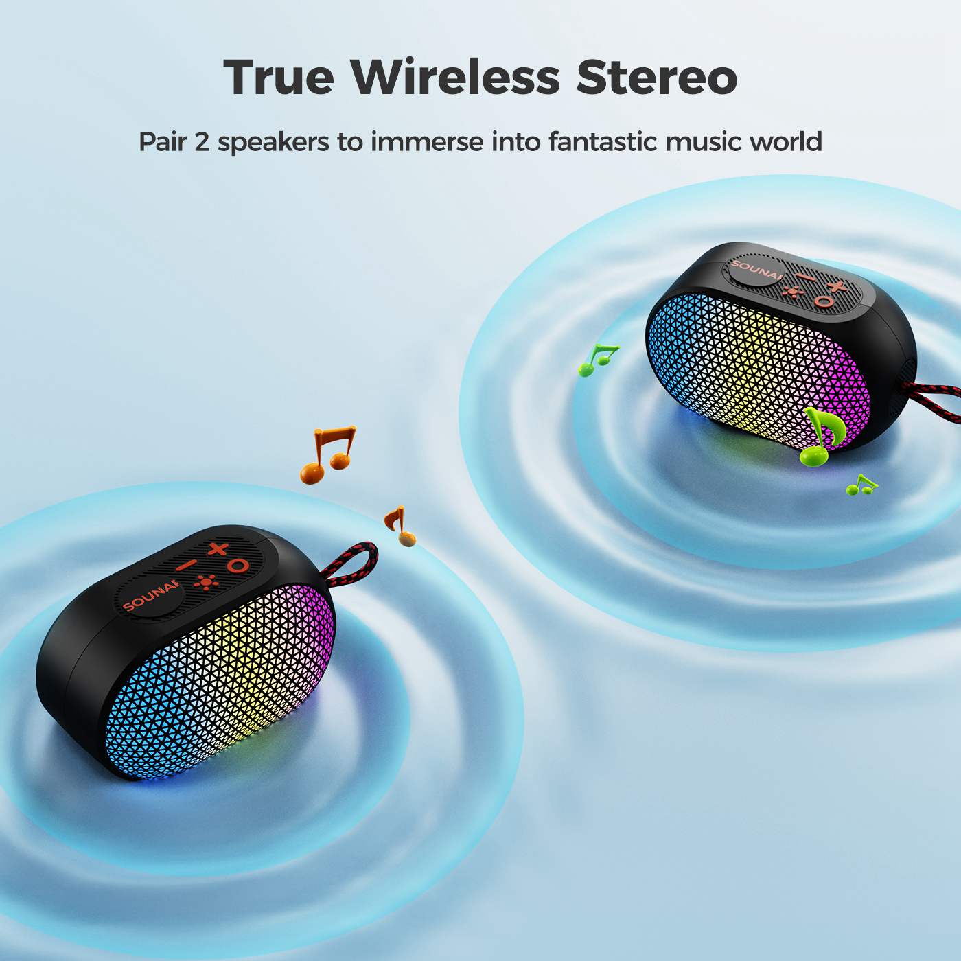 SOUNARC XR3 Mini-Bluetooth-Lautsprecher, tragbar, 5 W Stereoklang, Bluetooth 5.3, TWS-Kopplung, 10 Stunden Wiedergabezeit, LED-Beleuchtung, TF-Karten- und AUX-Anschluss, kompakter kabelloser Outdoor-Lautsprecher