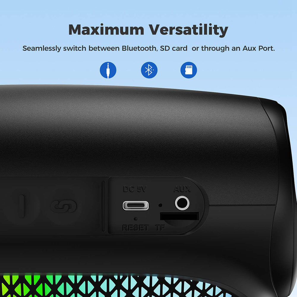 SOUNARC XR3 Tragbarer Bluetooth-Lautsprecher, 10 W Stereo-Sound, RGB-LED-Beleuchtung, Bluetooth 5.3, TWS-Kopplung, 8 Stunden Wiedergabezeit, IPX wasserdicht, TF-Karten- und AUX-Anschluss, kompakter kabelloser Outdoor-Lautsprecher