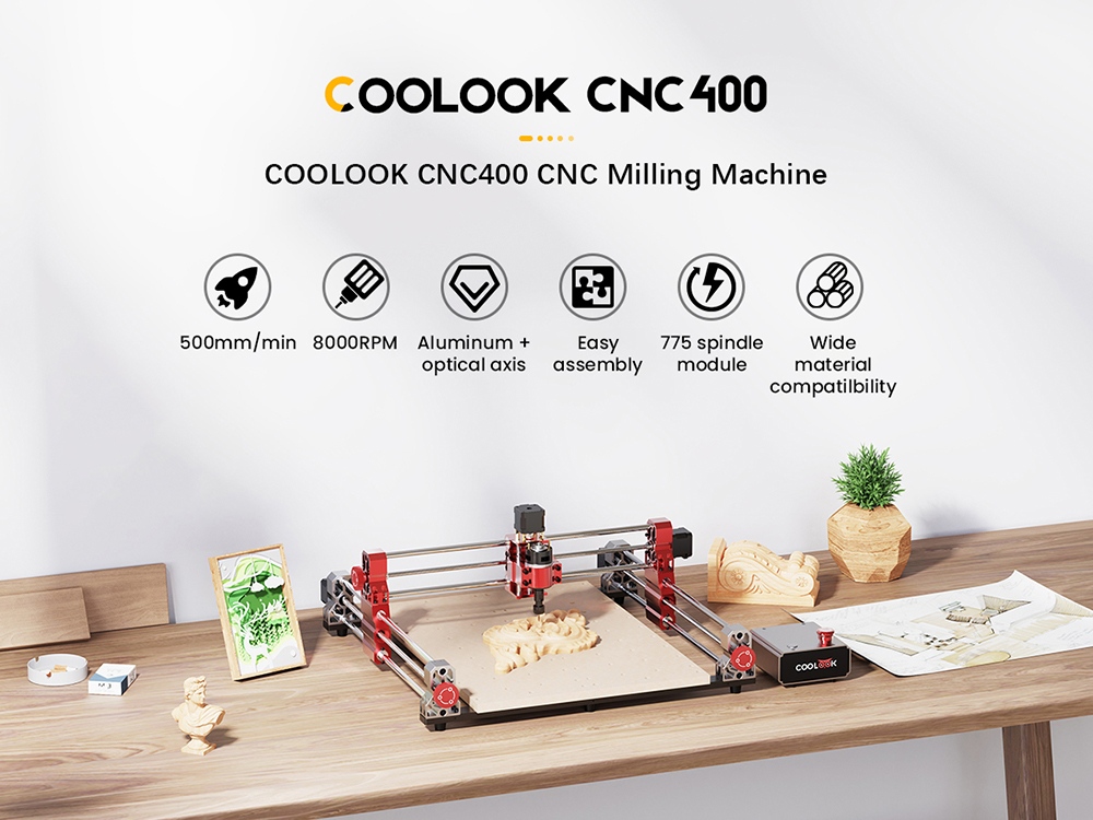 TWO TREES COOLOOK CNC400 CNC Milling & Laser 2-in-1 Machine, 400&times;400&times;50mm Working Area, 8000RPM Spindle, 500mm/min Engraving Speed, 0.05mm Accuracy, XYZ Axis Structure, GRBL Open-Source Control System for MDF, Solid Wood & Carbon Fiber