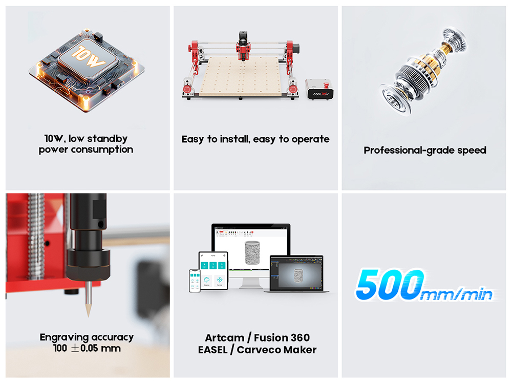 TWO TREES COOLOOK CNC400 CNC Milling & Laser 2-in-1 Machine, 400&times;400&times;50mm Working Area, 8000RPM Spindle, 500mm/min Engraving Speed, 0.05mm Accuracy, XYZ Axis Structure, GRBL Open-Source Control System for MDF, Solid Wood & Carbon Fiber