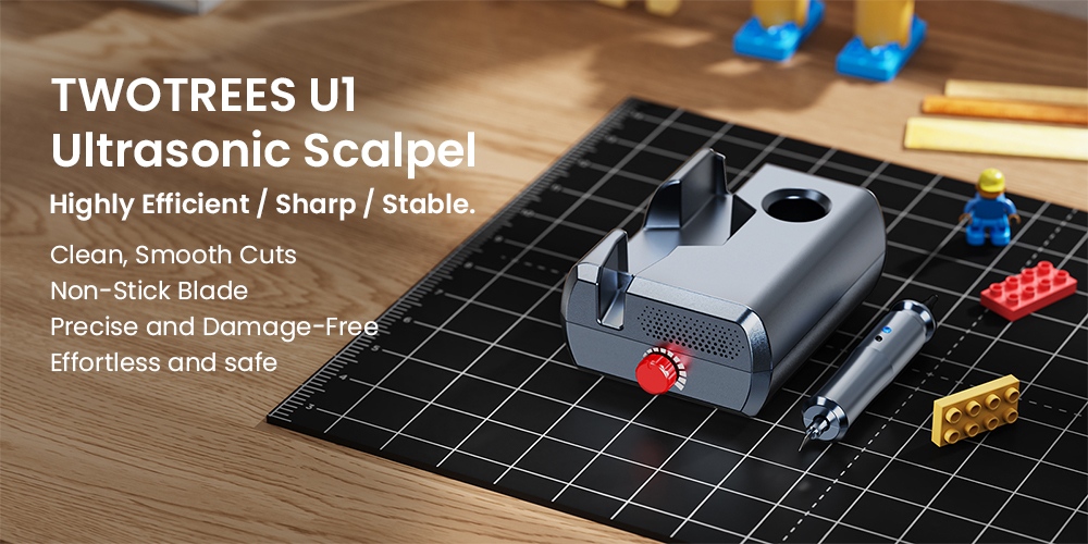 TwoTrees U1 Handheld Ultrasonic Cutter, 40kHz 40W Handheld Precision Cutting Tool, 24V Powered, 1.5m Cable, Auto 5-Min Safety Protection, Replaceable Blade, for 3D Printing, Plastic, Acrylic, Leather & Wood - EU Plug