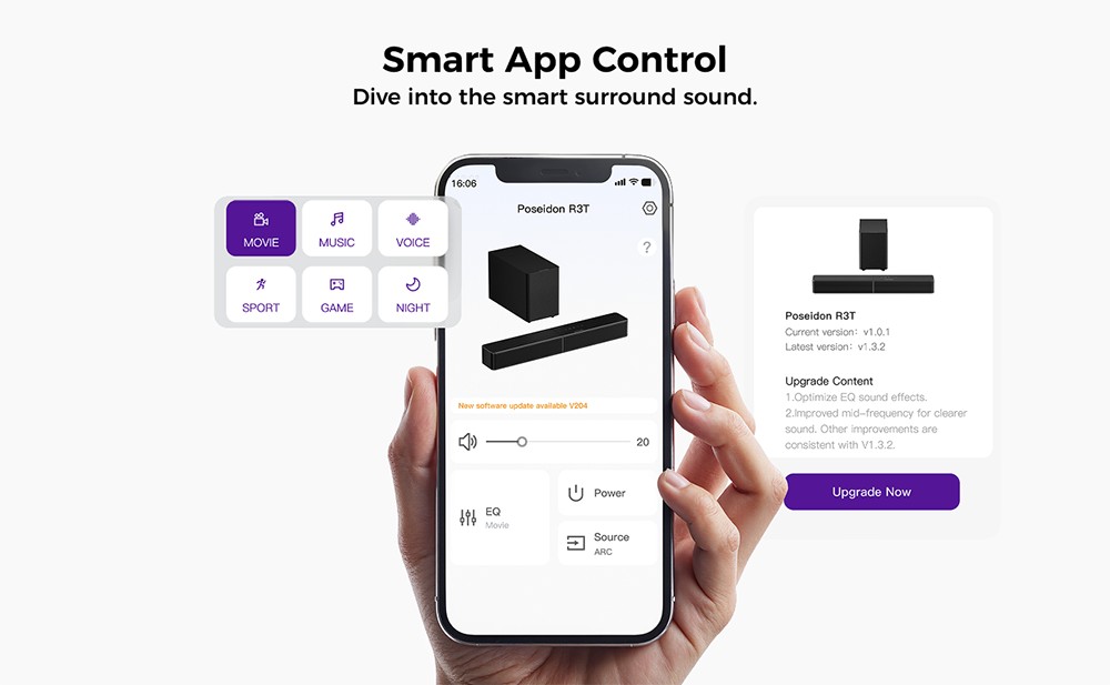 ULTIMEA Poseidon R3T 2.1 csatorn&aacute;s soundbar m&eacute;lynyom&oacute; hangsz&oacute;r&oacute;k&eacute;szlet, 240 W cs&uacute;csteljes&iacute;tm&eacute;ny, vezet&eacute;k n&eacute;lk&uuml;li m&eacute;lynyom&oacute;, VoiceMX p&aacute;rbesz&eacute;dkieg&eacute;sz&iacute;t&eacute;s, alkalmaz&aacute;svez&eacute;rl&eacute;s, 10 s&aacute;vos hangsz&iacute;nszab&aacute;lyz&oacute;, 121 előre be&aacute;ll&iacute;tott EQ be&aacute;ll&iacute;t&aacute;s, HDMI ARC/eARC, Bluetooth 6.0