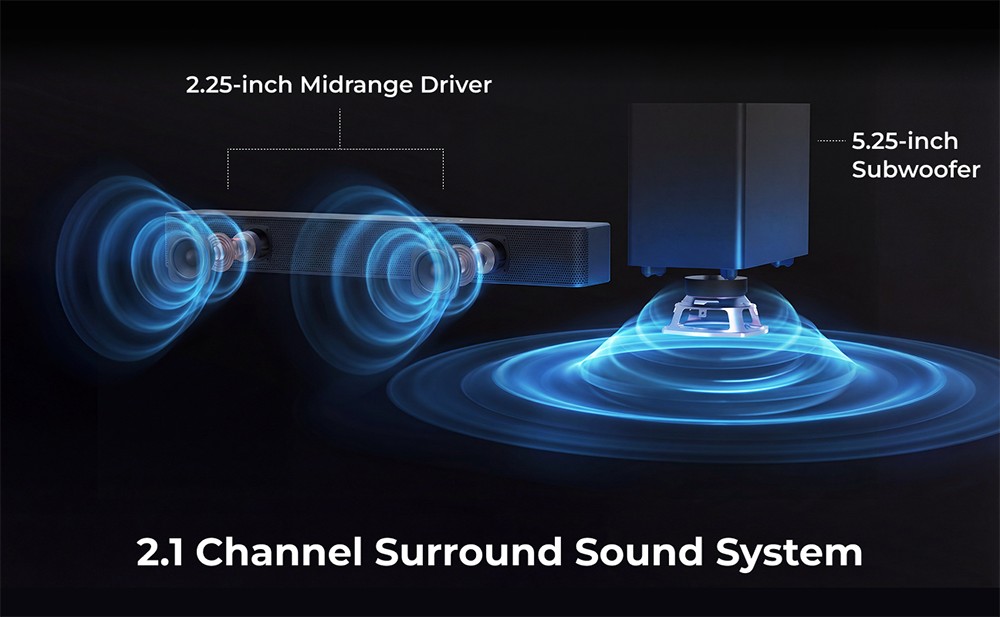 ULTIMEA Poseidon R3T 2.1 csatorn&aacute;s soundbar m&eacute;lynyom&oacute; hangsz&oacute;r&oacute;k&eacute;szlet, 240 W cs&uacute;csteljes&iacute;tm&eacute;ny, vezet&eacute;k n&eacute;lk&uuml;li m&eacute;lynyom&oacute;, VoiceMX p&aacute;rbesz&eacute;dkieg&eacute;sz&iacute;t&eacute;s, alkalmaz&aacute;svez&eacute;rl&eacute;s, 10 s&aacute;vos hangsz&iacute;nszab&aacute;lyz&oacute;, 121 előre be&aacute;ll&iacute;tott EQ be&aacute;ll&iacute;t&aacute;s, HDMI ARC/eARC, Bluetooth 6.0