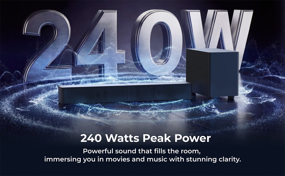 ULTIMEA Poseidon R3T 2.1 csatorn&aacute;s soundbar m&eacute;lynyom&oacute; hangsz&oacute;r&oacute;k&eacute;szlet, 240 W cs&uacute;csteljes&iacute;tm&eacute;ny, vezet&eacute;k n&eacute;lk&uuml;li m&eacute;lynyom&oacute;, VoiceMX p&aacute;rbesz&eacute;dkieg&eacute;sz&iacute;t&eacute;s, alkalmaz&aacute;svez&eacute;rl&eacute;s, 10 s&aacute;vos hangsz&iacute;nszab&aacute;lyz&oacute;, 121 előre be&aacute;ll&iacute;tott EQ be&aacute;ll&iacute;t&aacute;s, HDMI ARC/eARC, Bluetooth 6.0