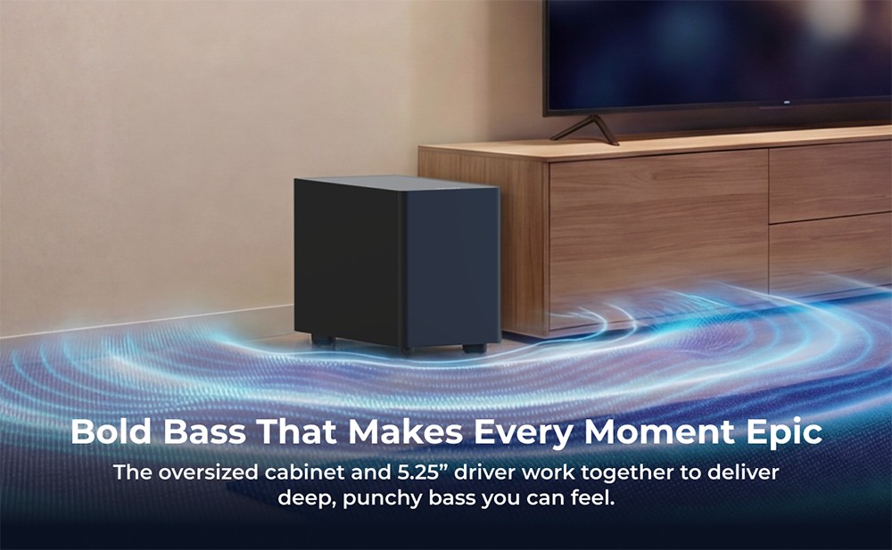 ULTIMEA Poseidon R3T 2.1 csatorn&aacute;s soundbar m&eacute;lynyom&oacute; hangsz&oacute;r&oacute;k&eacute;szlet, 240 W cs&uacute;csteljes&iacute;tm&eacute;ny, vezet&eacute;k n&eacute;lk&uuml;li m&eacute;lynyom&oacute;, VoiceMX p&aacute;rbesz&eacute;dkieg&eacute;sz&iacute;t&eacute;s, alkalmaz&aacute;svez&eacute;rl&eacute;s, 10 s&aacute;vos hangsz&iacute;nszab&aacute;lyz&oacute;, 121 előre be&aacute;ll&iacute;tott EQ be&aacute;ll&iacute;t&aacute;s, HDMI ARC/eARC, Bluetooth 6.0