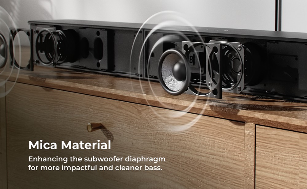 ULTIMEA Poseidon R3T 2.1 csatorn&aacute;s soundbar m&eacute;lynyom&oacute; hangsz&oacute;r&oacute;k&eacute;szlet, 240 W cs&uacute;csteljes&iacute;tm&eacute;ny, vezet&eacute;k n&eacute;lk&uuml;li m&eacute;lynyom&oacute;, VoiceMX p&aacute;rbesz&eacute;dkieg&eacute;sz&iacute;t&eacute;s, alkalmaz&aacute;svez&eacute;rl&eacute;s, 10 s&aacute;vos hangsz&iacute;nszab&aacute;lyz&oacute;, 121 előre be&aacute;ll&iacute;tott EQ be&aacute;ll&iacute;t&aacute;s, HDMI ARC/eARC, Bluetooth 6.0