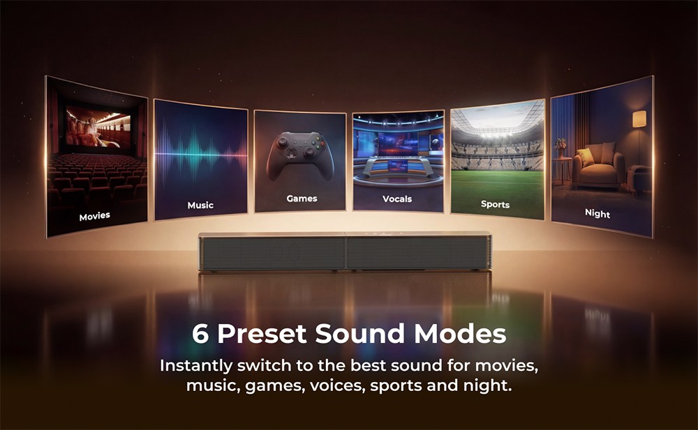 ULTIMEA Poseidon R3T 2.1 csatorn&aacute;s soundbar m&eacute;lynyom&oacute; hangsz&oacute;r&oacute;k&eacute;szlet, 240 W cs&uacute;csteljes&iacute;tm&eacute;ny, vezet&eacute;k n&eacute;lk&uuml;li m&eacute;lynyom&oacute;, VoiceMX p&aacute;rbesz&eacute;dkieg&eacute;sz&iacute;t&eacute;s, alkalmaz&aacute;svez&eacute;rl&eacute;s, 10 s&aacute;vos hangsz&iacute;nszab&aacute;lyz&oacute;, 121 előre be&aacute;ll&iacute;tott EQ be&aacute;ll&iacute;t&aacute;s, HDMI ARC/eARC, Bluetooth 6.0