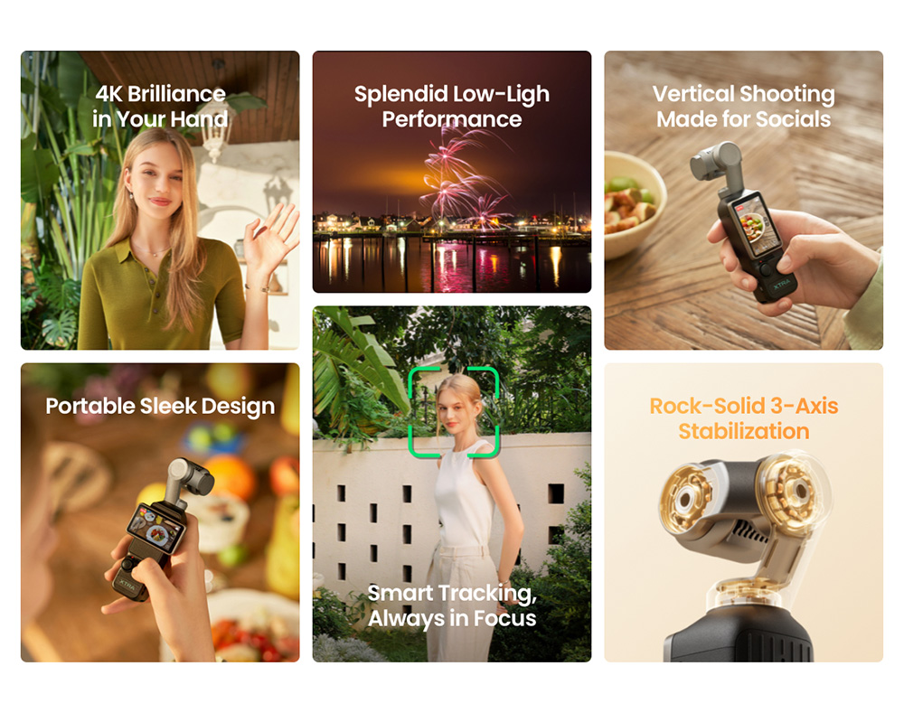 Xtra Muse Pocket Gimbal Camera, 1-inch CMOS Sensor, 3-Axis Mechanical Stabilization, 4K 60FPS Ultra HD Vlogging Camera, AI Subject Tracking, 230&deg; Pan Gimbal, 2-inch Touch Screen, Vertical Video Mode, 161Min Battery, Pocket Creator Camera